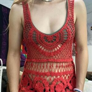 Suzy Shier Red Crochet Tank Top